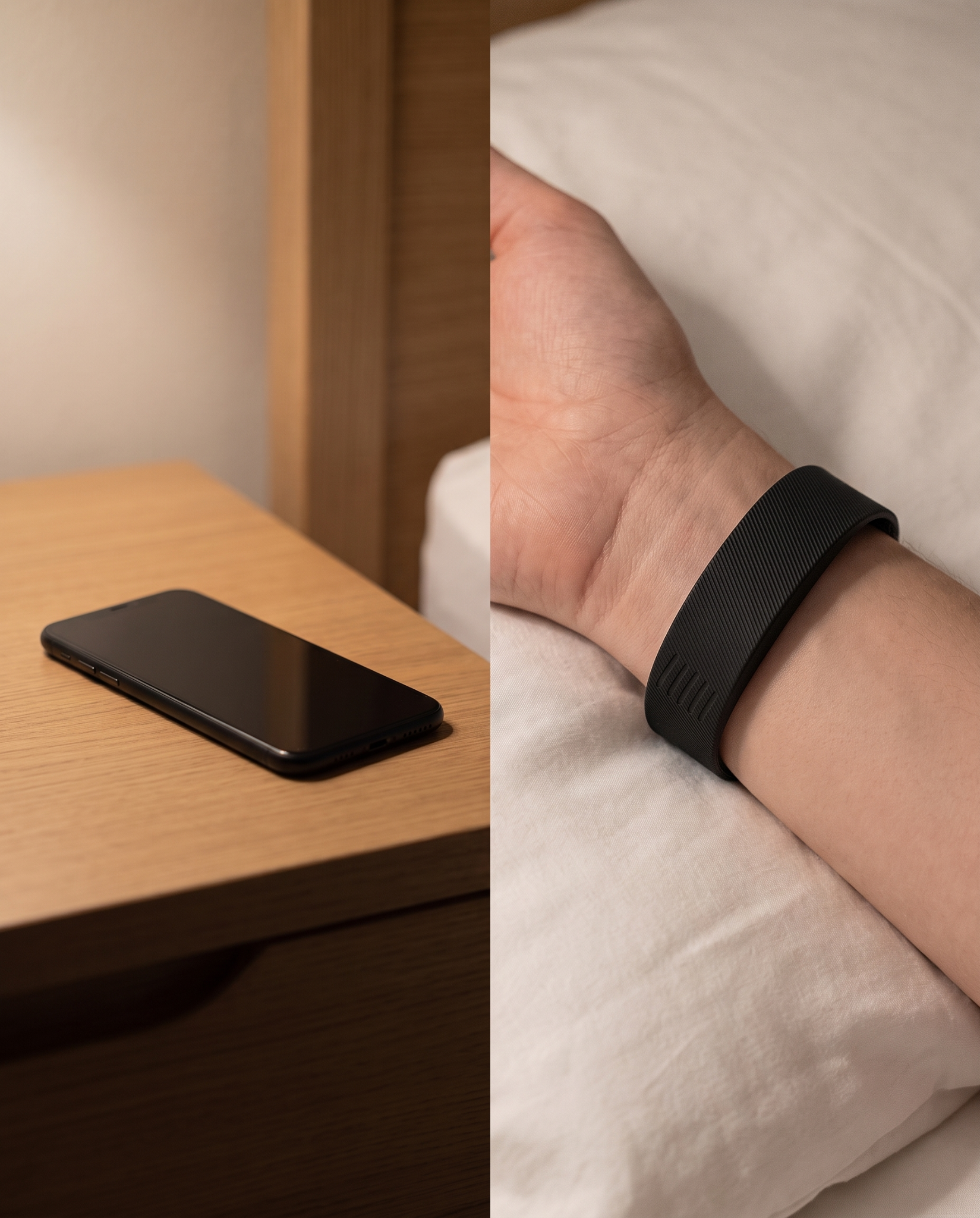 Téléphone à l'autre bout de la chambre face au bracelet CalmRise au poignet
