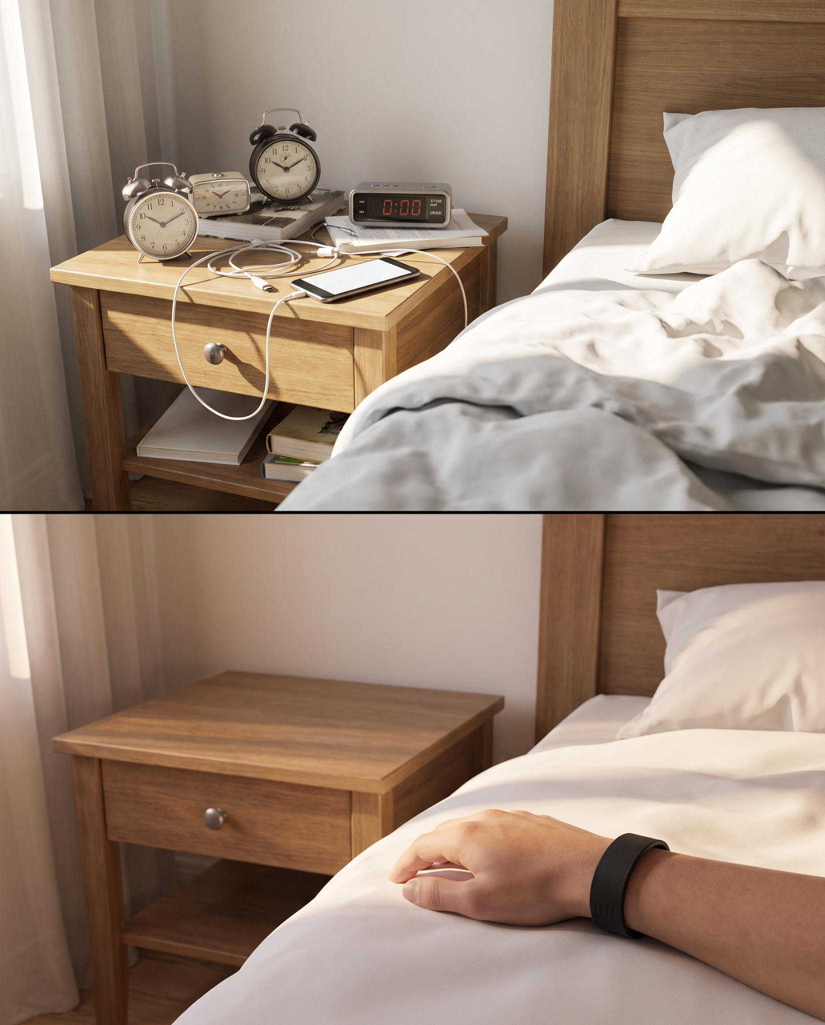Avant et après : table de nuit encombrée de réveils, puis chambre calme avec CalmRise